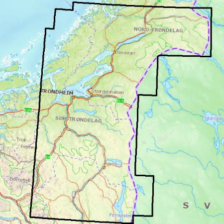 Die Kartendaten bieten topografische Abdeckung fr die Region Trondelag in Norwegen.