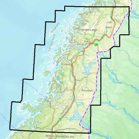 Die Kartendaten bieten topografische Abdeckung fr die Region Nordland Sor in Norwegen.