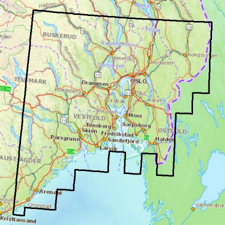 Die Kartendaten bieten topografische Abdeckung f�r einen Teil des S�dostens von Norwegen: Sorost.