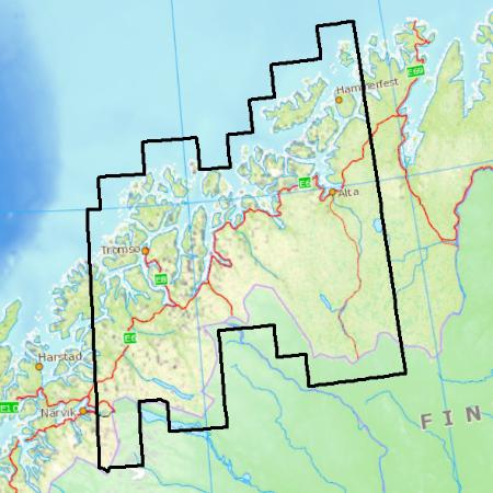 Die Kartendaten bieten topografische Abdeckung f�r die Region Troms in Norwegen.