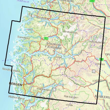 Die Kartendaten bieten topografische Abdeckung f�r einen Teil des Westens von Norwegen: Vest.