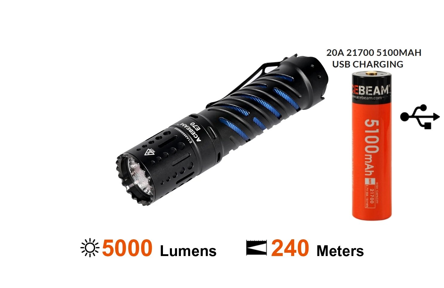 Produktbild von Acebeam E70-AL, Taschenlampe, CREE XHP70.2 LED, 5000 Lumen, 240 Meter, IMR21700NP-510A-USB-C Akku