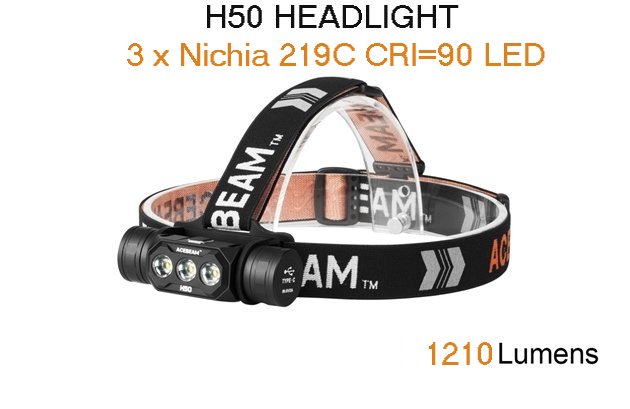 Produktbild von Acebeam H50 - Wiederaufladbare LED Stirnlampe, Nichia 219C CRI 90 LED, 1210  Lumen, ohne Akku