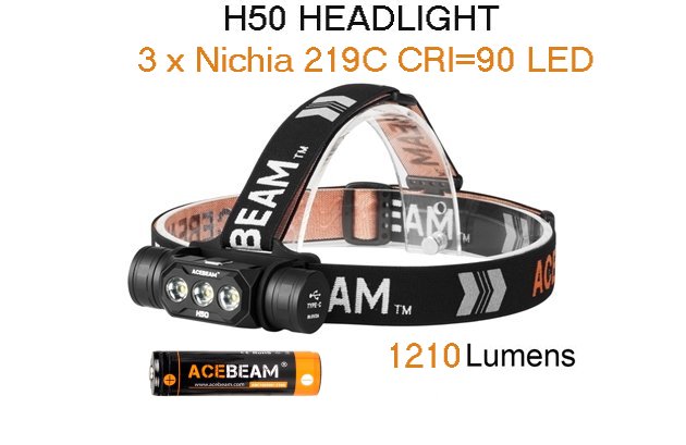 Produktbild von Acebeam H50 - Wiederaufladbare LED Stirnlampe, Nichia 219C CRI 90 LED, 1210  Lumen, 3100mAh Akku