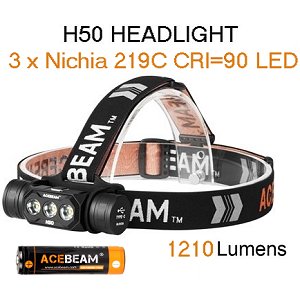 Acebeam H50 - Wiederaufladbare LED Stirnlampe, Nichia 219C CRI 90 LED, 1210  Lumen, 3100mAh Akku