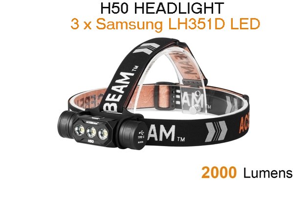 Produktbild von Acebeam H50 - Wiederaufladbare LED Stirnlampe, Samsung LH351D LED, 2000  Lumen, 6500K, ohne Akku