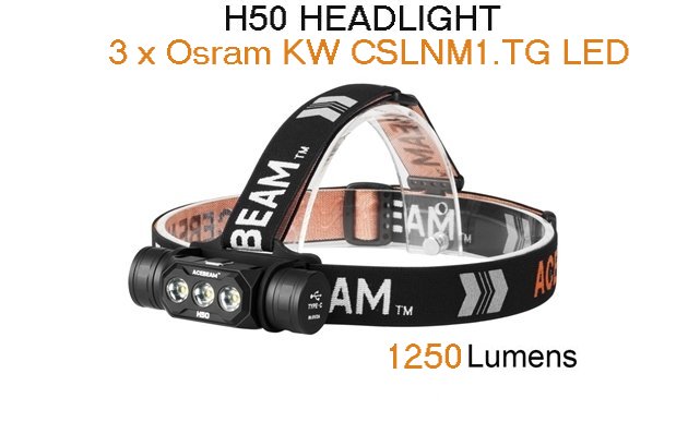 Produktbild von Acebeam H50 - Wiederaufladbare LED Stirnlampe, Osram KW CSLNM1.TG LED, 1250  Lumen, 6500K, ohne Akku