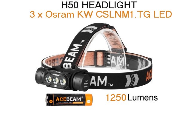 Produktbild von Acebeam H50 - Wiederaufladbare LED Stirnlampe, Osram KW CSLNM1.TG LED, 1250  Lumen, 6500K, 3100mAh Akku
