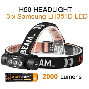 Acebeam H50 - Wiederaufladbare LED Stirnlampe, Samsung LH351D LED, 2000  Lumen, 6500K, 3100mAh Akku
