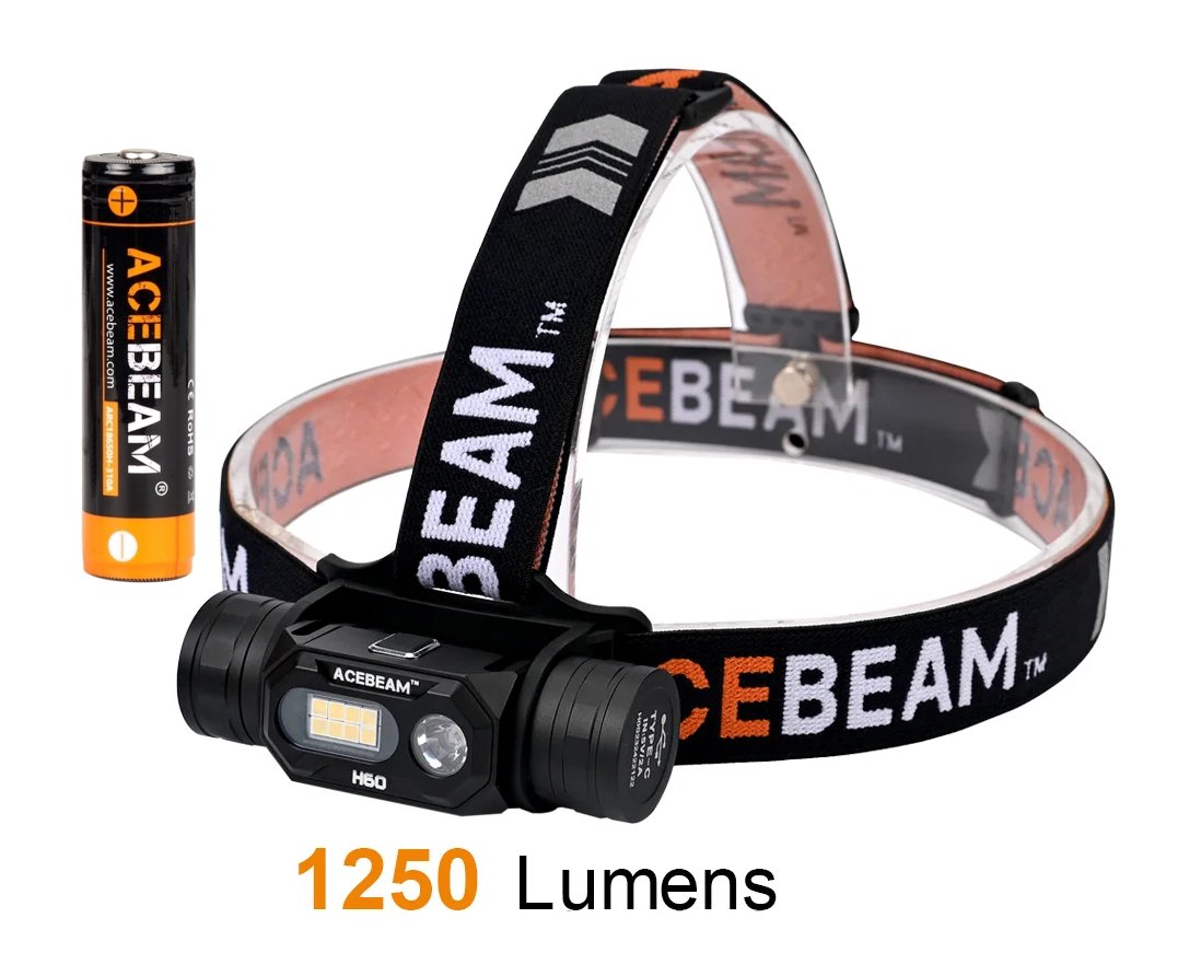 Produktbild von Acebeam H60 - Stirnlampe, CRI 97 Sunlike LED, 1250  Lumen, 150 Meter, 3100mAh Akku