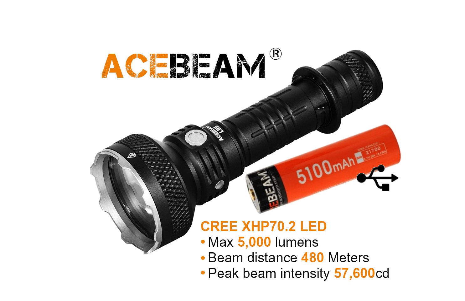 Produktbild von Acebeam L35, Wiederaufladbare Taschenlampe, CREE XHP70.2 LED, 5000 Lumen, 480 Meter, 21700 Li-ion battery (5100mAh) USB-C Akku