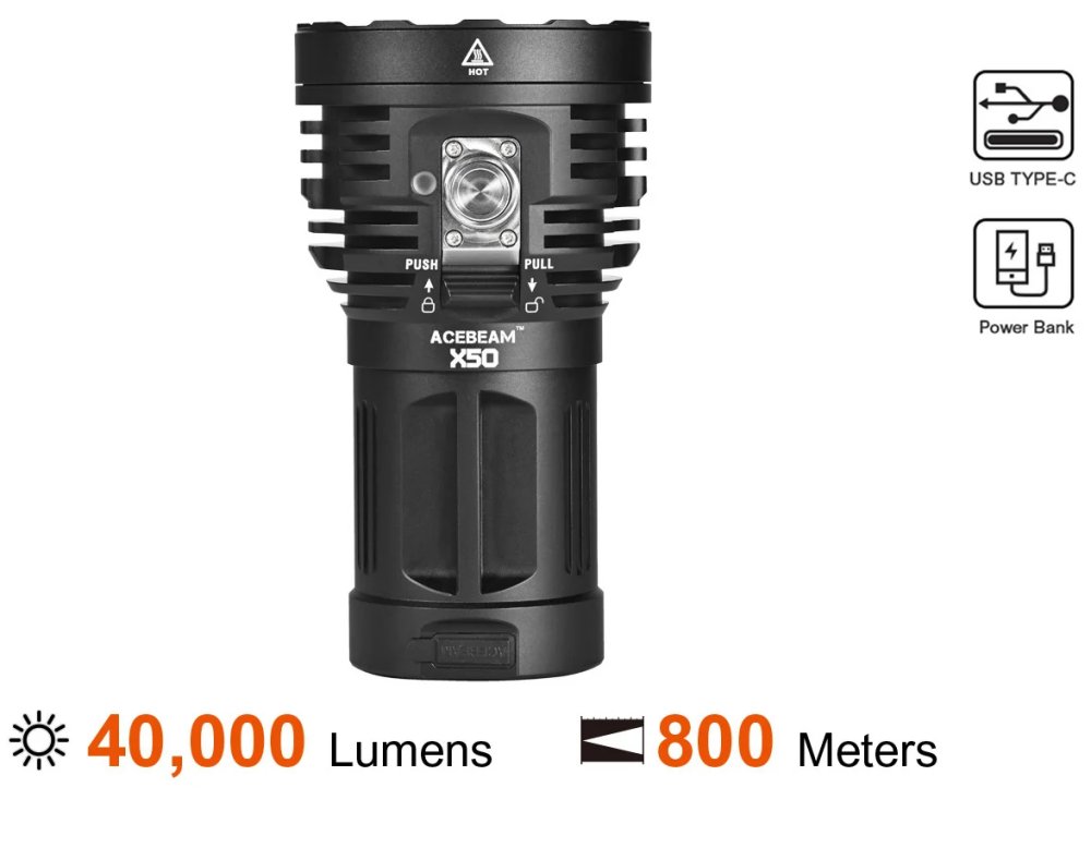 Produktbild von Acebeam X50 - LED Taschenlampe, 40000 Lumen, 6500K, 8 x CREE XHP70.2 LED, 4250mAh Li-ion Akku