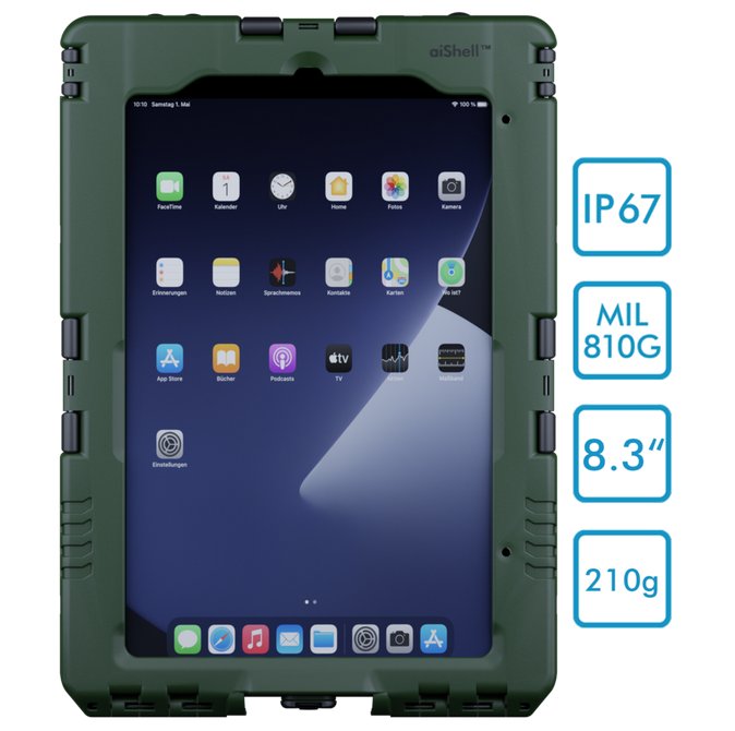 Produktbild von Andres Industries aiShell mini 8, olivgrün, Touchfolie klar - wasserdichtes und schlagfestes Case für Apple iPad mini 6