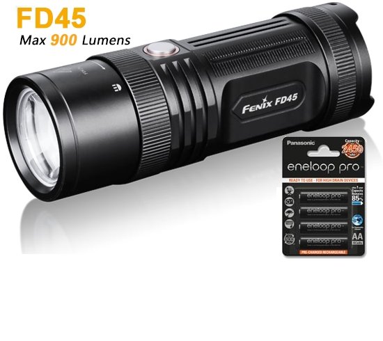 Produktbild von Fenix FD45 - Fokussierbare LED Taschenlampe, 900 Lumen, Cree XP-L HI LED, inkl. 4 eneloop Pro Akkus mit 2450mAh