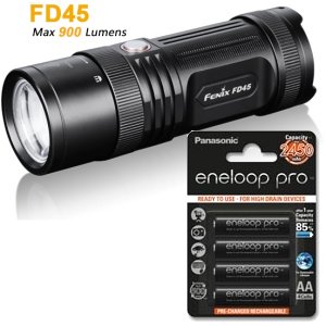 Fenix FD45 - Fokussierbare LED Taschenlampe, 900 Lumen, Cree XP-L HI LED, inkl. 4 eneloop Pro Akkus mit 2450mAh