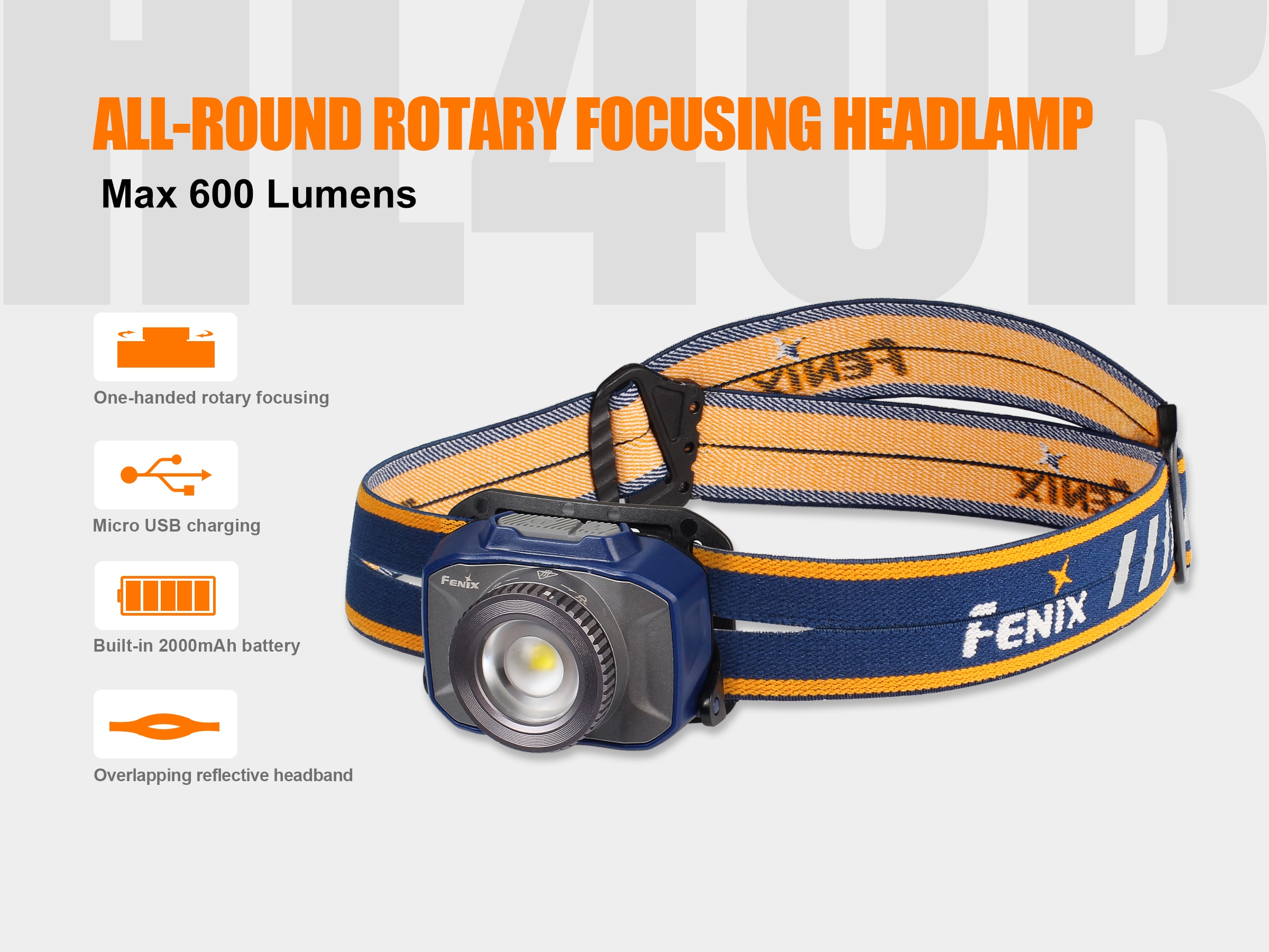 Produktbild von Fenix HL40R blau - Wiederaufladbare fokussierbare LED Stirnlampe, 600 Lumen , inkl. 2000mAh Akku