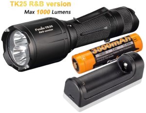 Fenix TK25R&B Taschenlampe, 1000 Lumen, Cree XP-G2 S3 weiß LED, XP-E2 rot und blau LED, 3500 mAh Akku, Ladegerät
