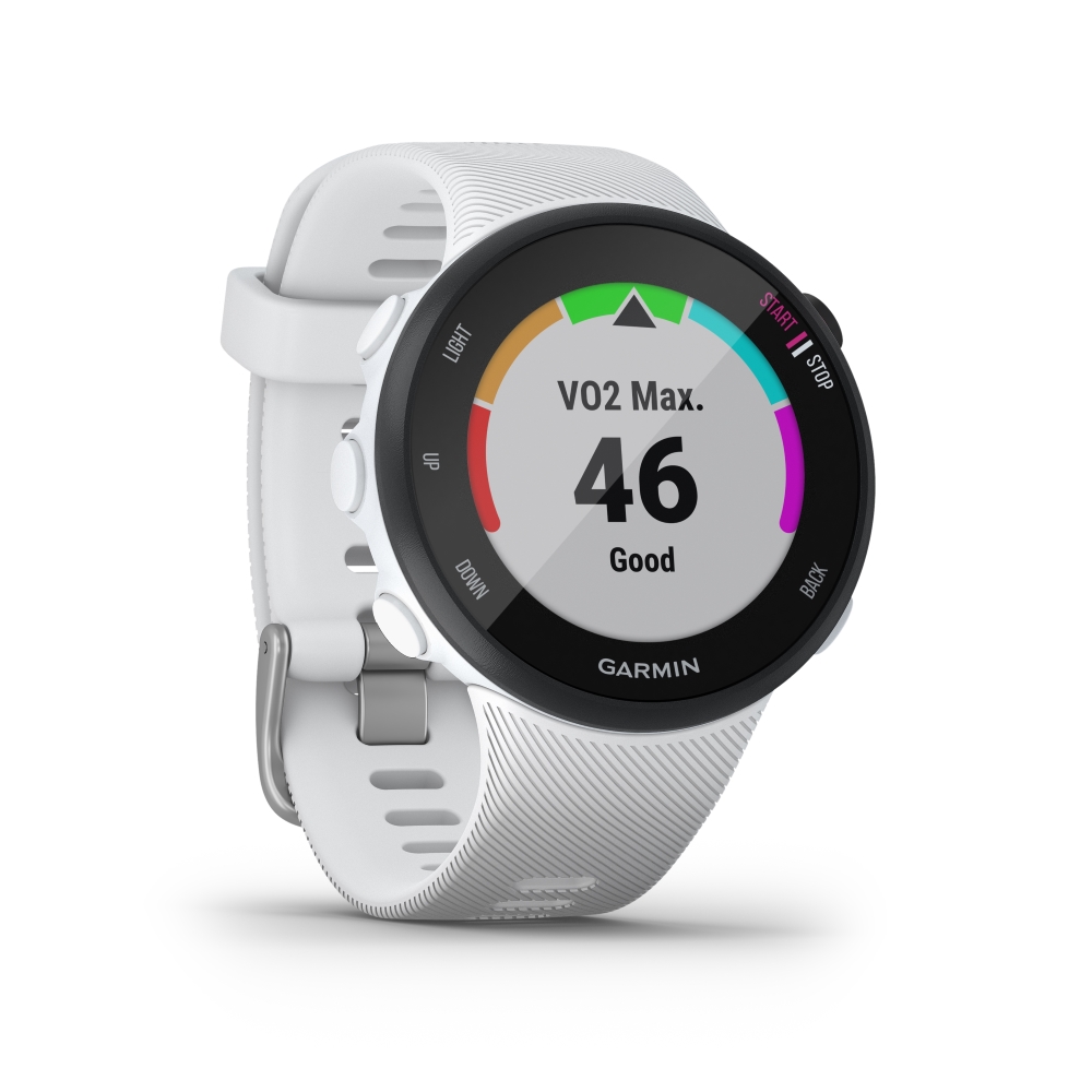 Produktbild von Garmin Forerunner 45s, schwarz-weiß mit weißem Silikon Armband - GPS Laufuhr