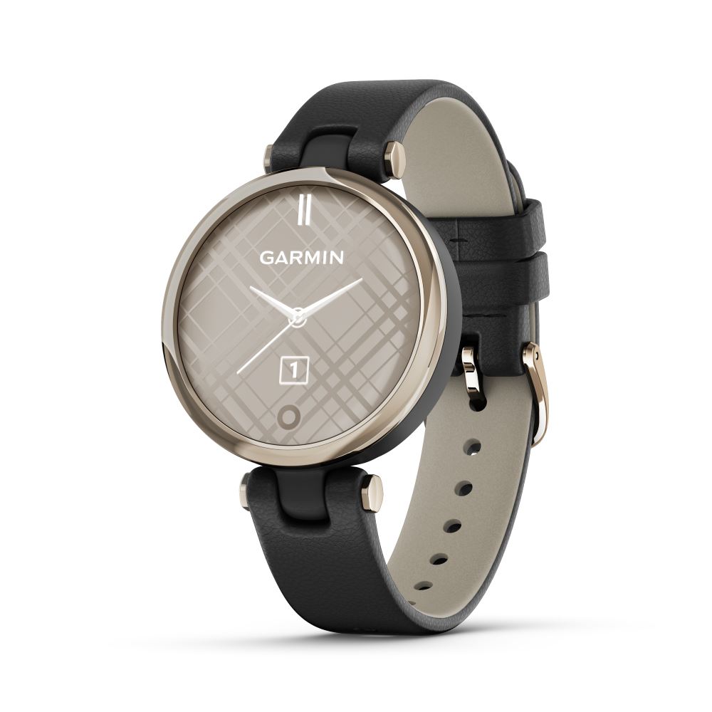 Produktbild von Garmin Lily Classic, schwarz/elfenbein - feminine Smartwatch mit schwarzem Lederarmband