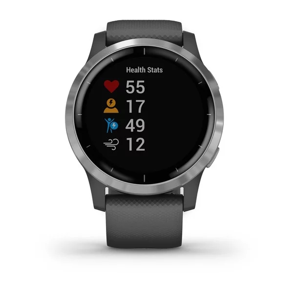 Produktbild von Garmin vivoactive 4, silber mit grauem Armband - GPS Fitness Smartwatch mit effizientem Chroma Touchdisplay