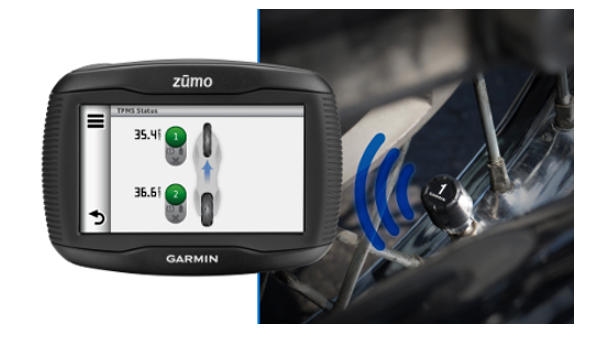 Ansicht auf dem Garmin zumo 390 / 395 / 590 /595 fr das Garmin Reifendruckkontrollsystem