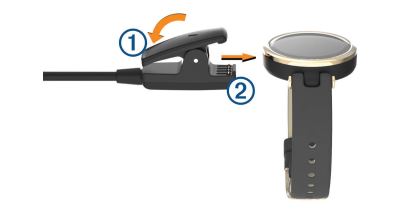 Aufladen der Garmin Lily, hier Ladekabel anbringen