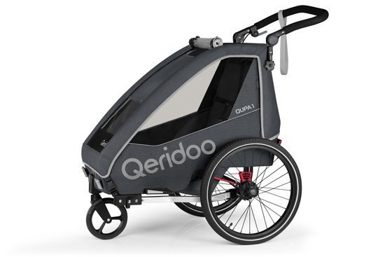 Produktbild von Qeridoo Qupa 1 Grau Q-QUP1-22-GR - Kinderfahrradanhänger mit Federung, Hand-Parkbremse und Buggyrad
