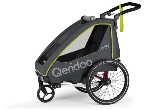 Produktbild von Qeridoo Qupa 1 Lime Q-QUP1-22-LI - Kinderfahrradanhänger mit Federung, Hand-Parkbremse und Buggyrad