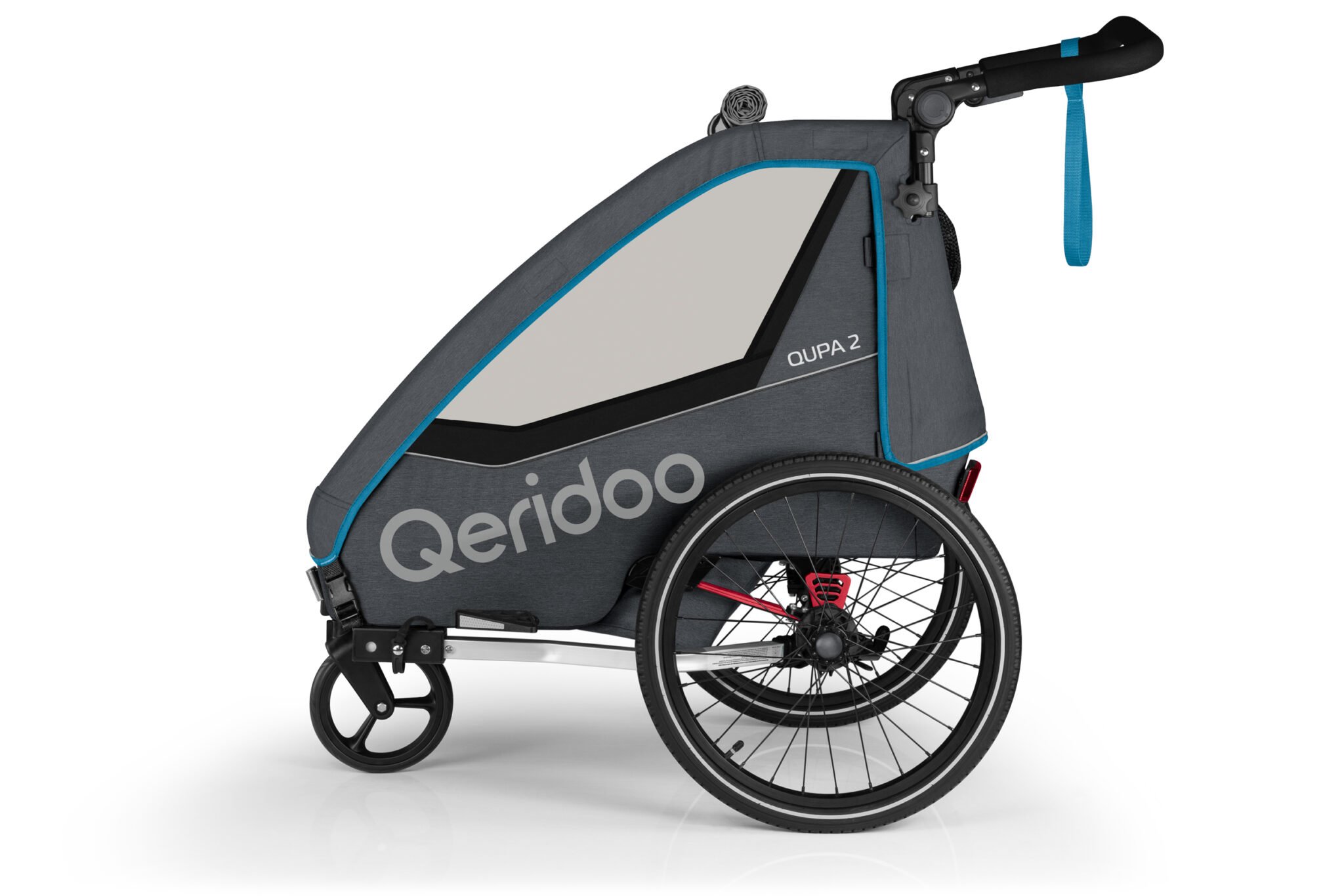 Produktbild von Qeridoo Qupa 2 Blau Q-QUP2-22-BL - Kinderfahrradanhänger mit Federung, Hand-Parkbremse und Buggyrad