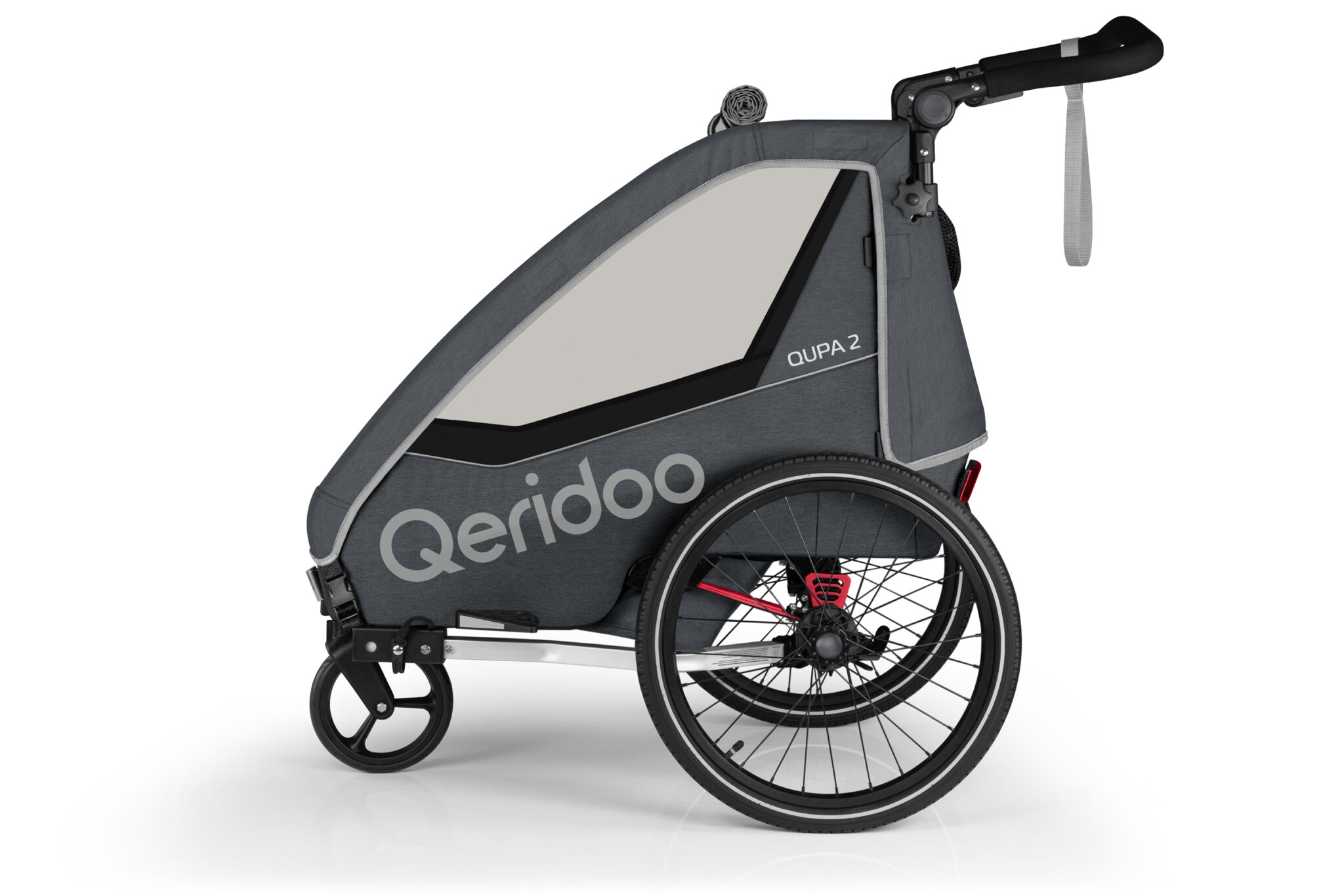 Produktbild von Qeridoo Qupa 2 Grau Q-QUP2-22-GR - Kinderfahrradanhänger mit Federung, Hand-Parkbremse und Buggyrad