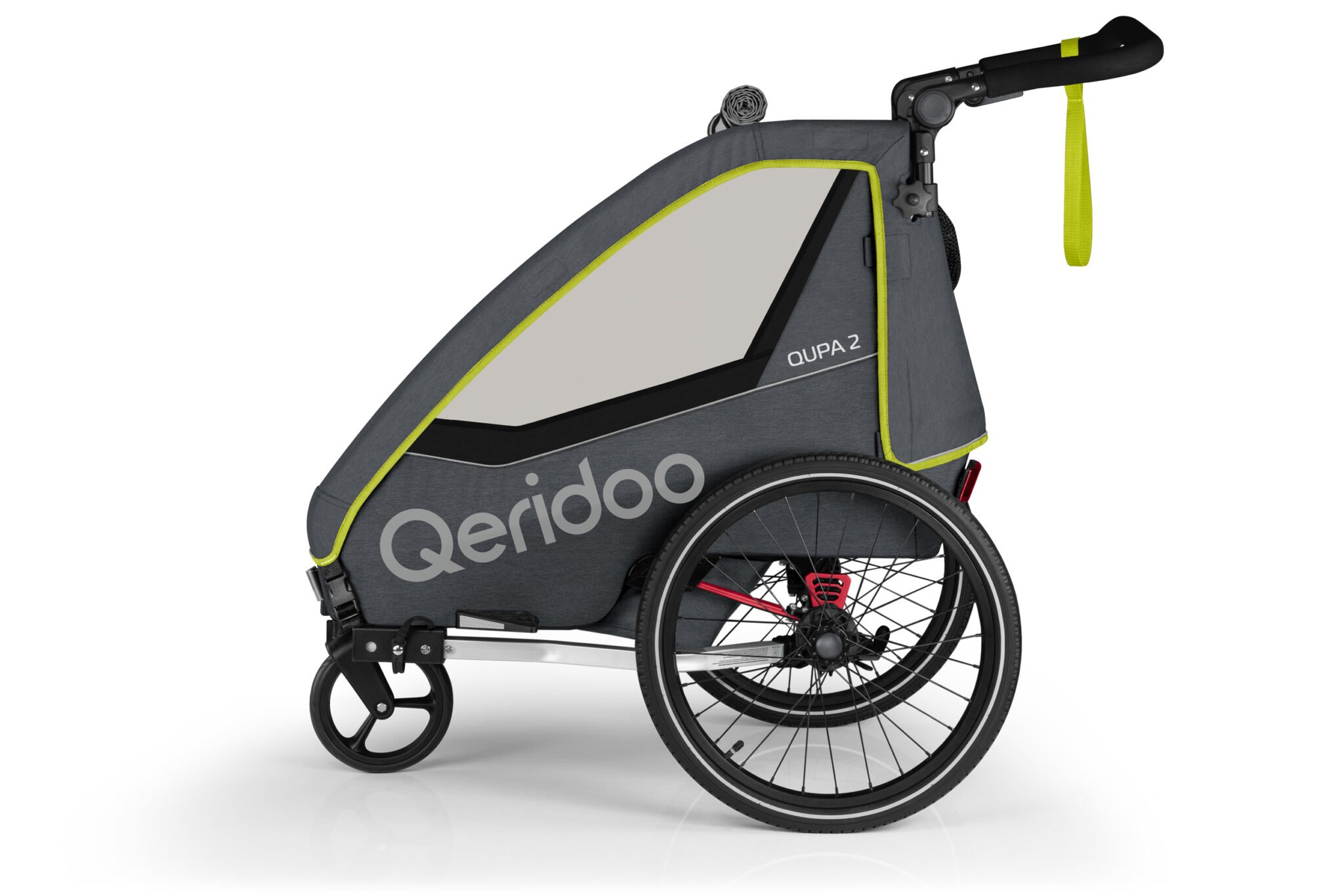 Produktbild von Qeridoo Qupa 2 Lime Q-QUP2-22-LI - Kinderfahrradanhänger mit Federung, Hand-Parkbremse und Buggyrad