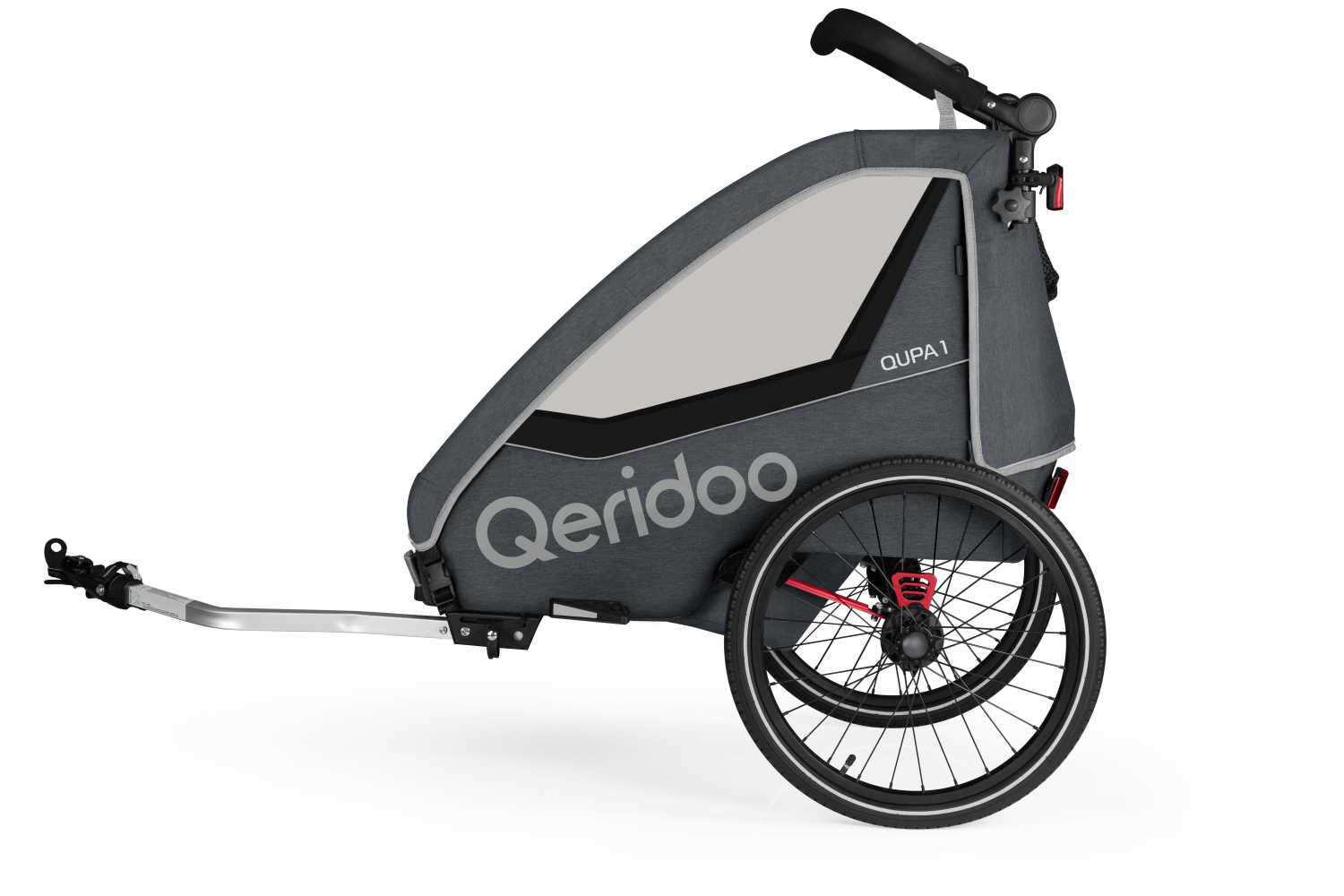 Produktbild von Qeridoo Qupa 1 (2023), grau (Q-QUP1-23-GR), Einsitzer Kinderfahrradanhänger mit Blattfeder Dämpfsystem
