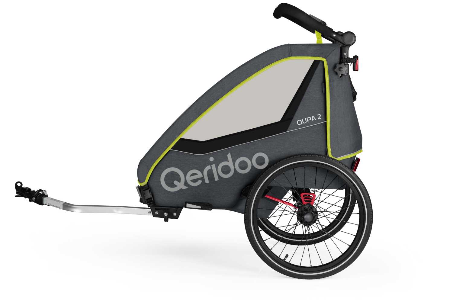 Produktbild von Qeridoo Qupa 2 (2023), lime (Q-QUP2-23-LI), Zweisitzer Kinderfahrradanhänger mit Blattfeder Dämpfsystem