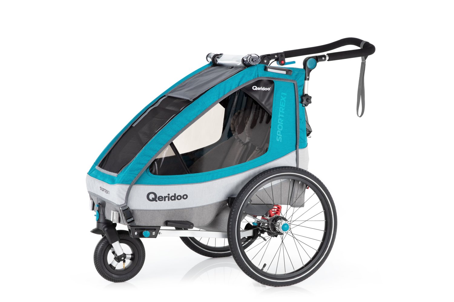 Produktbild von Qeridoo Sportrex1 Q-SR1-21-P petrol - Kinderfahrradanhänger mit Federung, Hand-Parkbremse und Buggyrad