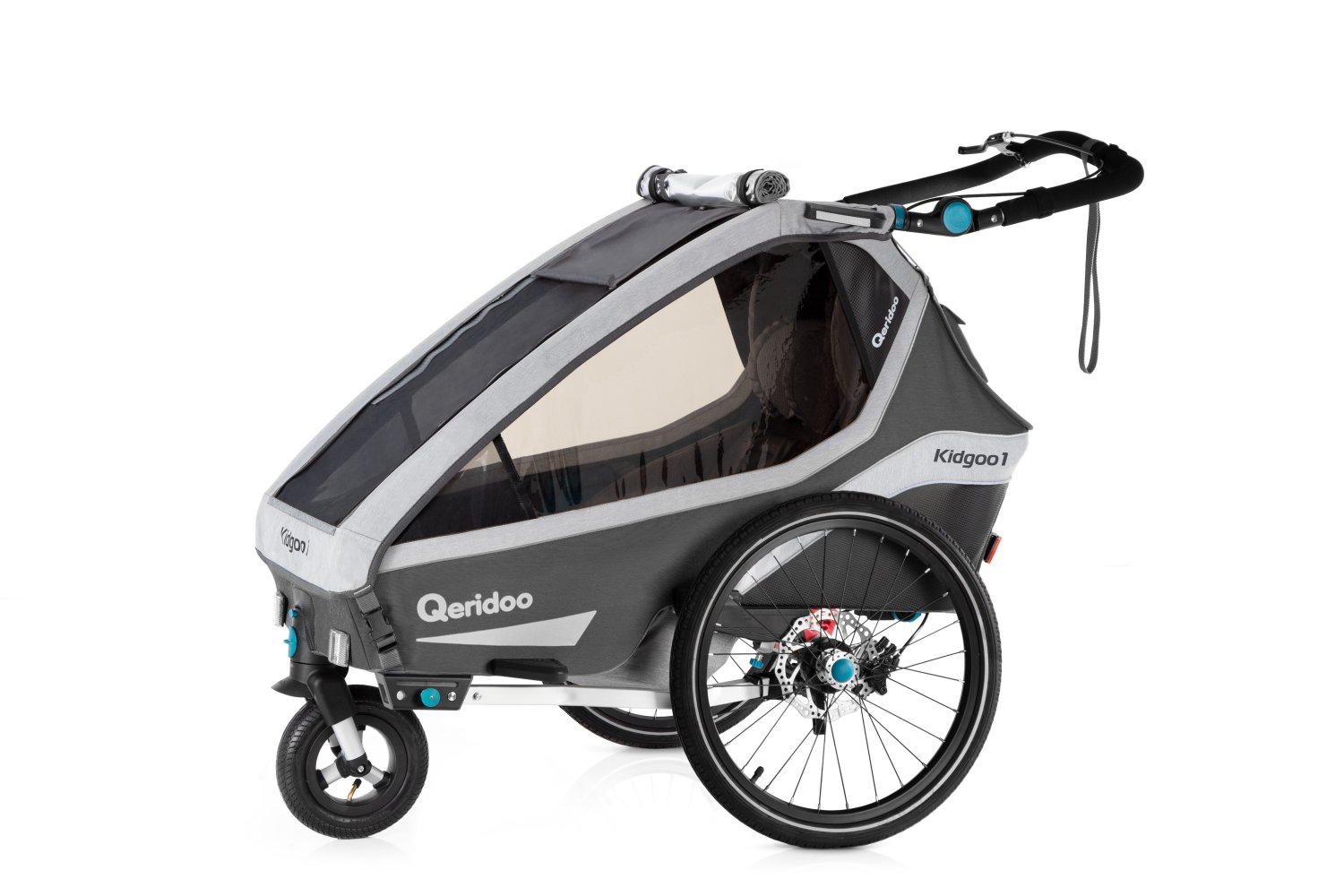 Produktbild von Qeridoo KidGoo 1 Sport Q8S-20-G grau - Kinderfahrradanhänger mit Federung, Scheibenbremse und Buggyrad