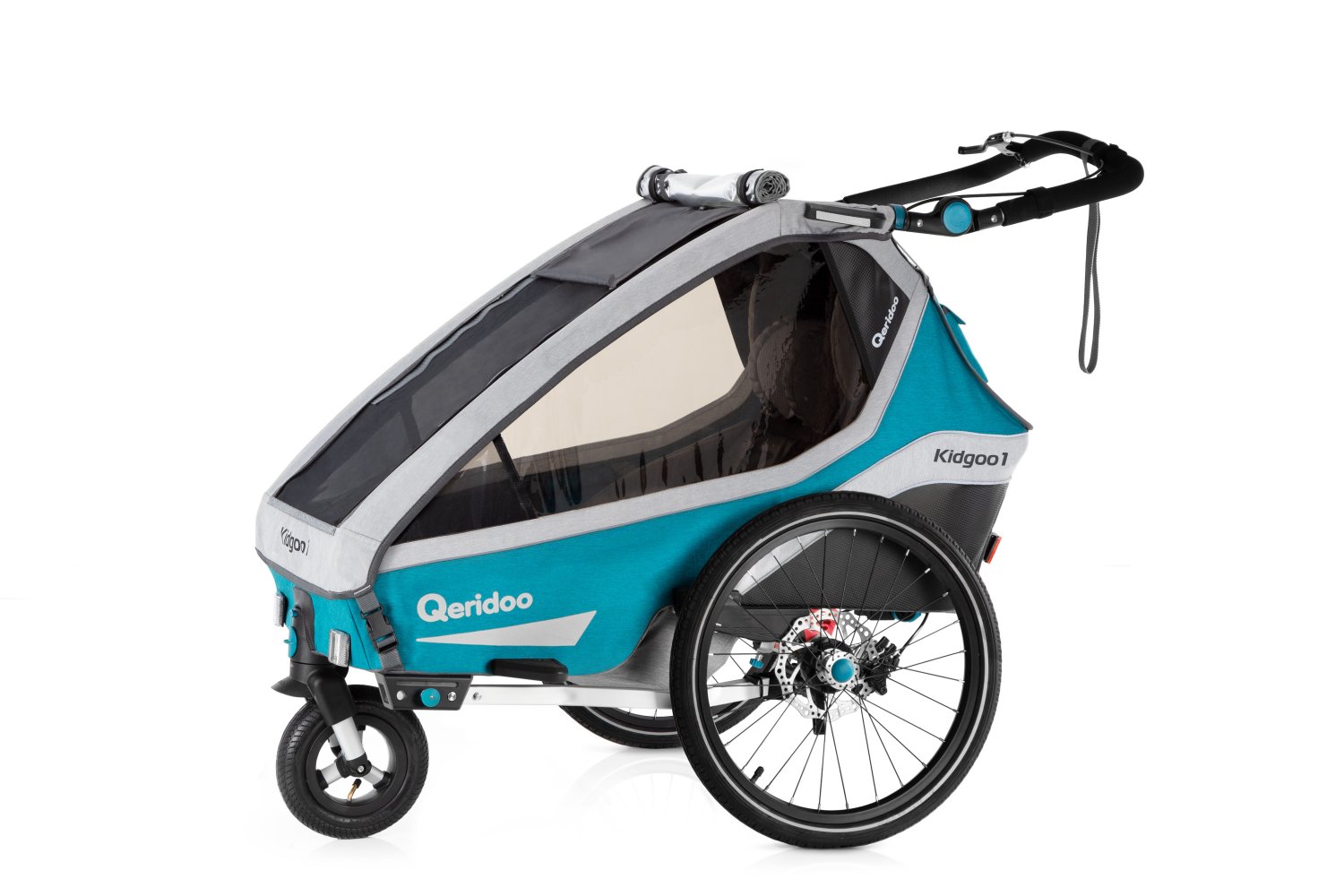 Produktbild von Qeridoo KidGoo 1 Sport Q8S-20-P petrol - Kinderfahrradanhänger mit Federung, Scheibenbremse und Buggyrad