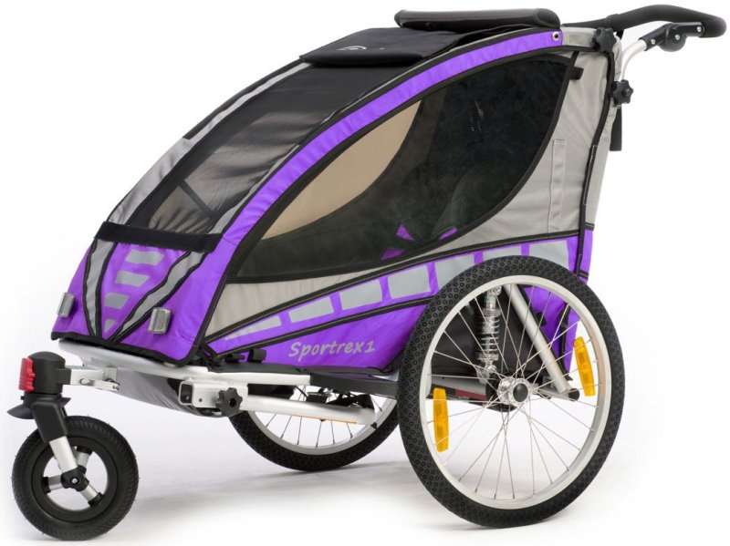 Qeridoo Sportrex1 2016 violett - Kinderfahrradanhänger mit Federung,  Feststellbremse und Buggyrad mit Jogger-Funktion | PDA Max