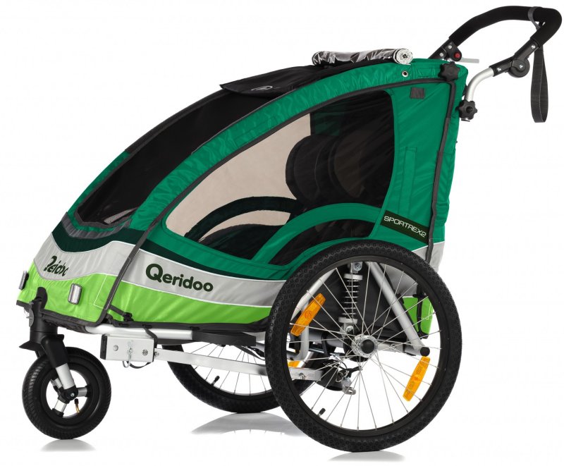 Qeridoo Sportrex2 2017 grün - Kinderfahrradanhänger mit Federung,  Feststellbremse und Buggyrad mit Jogger-Funktion | PDA Max | Fahrradanhänger & Fahrradkindersitze