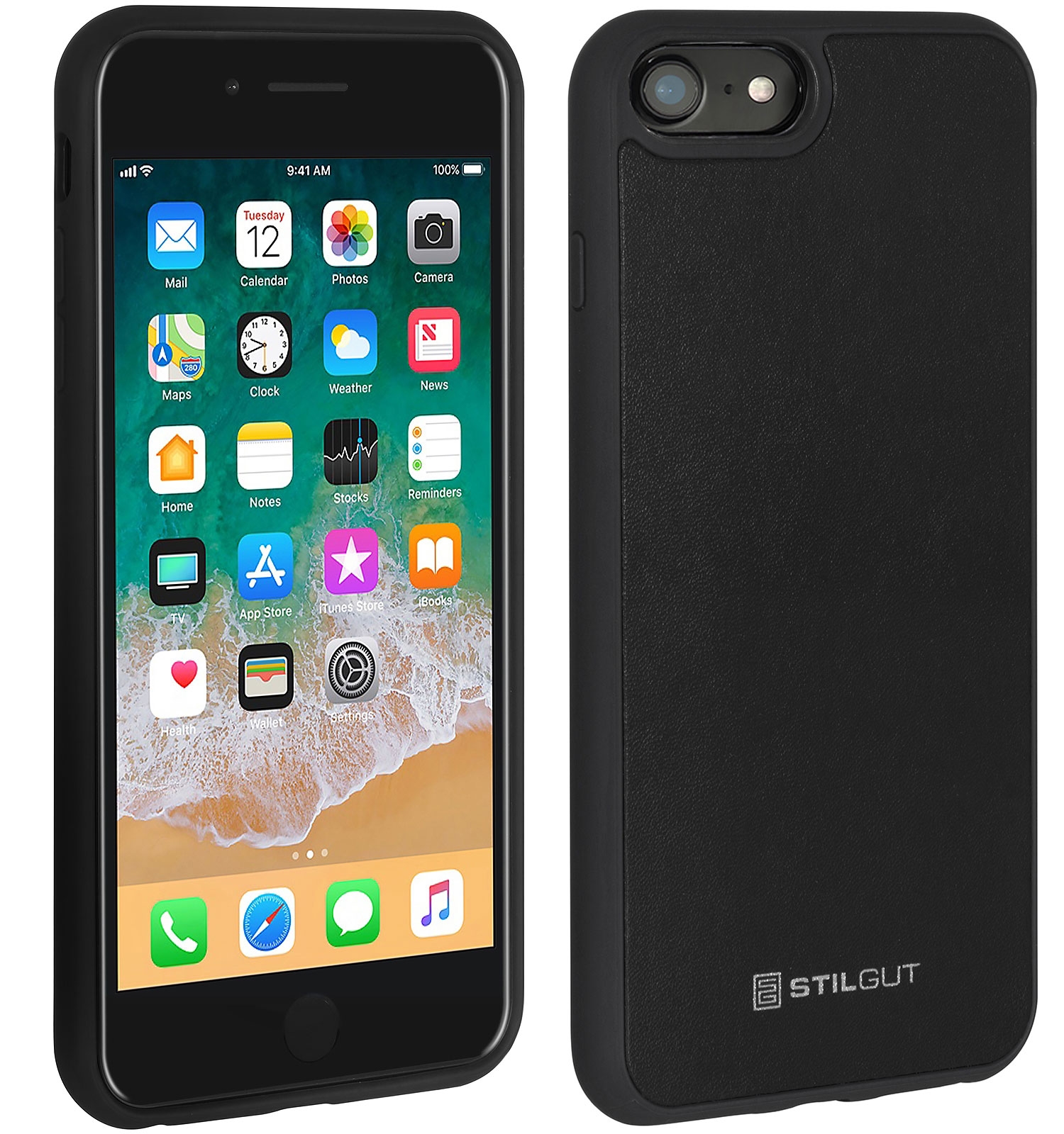 Produktbild von Stilgut Kunststoff Case mit Lederrückseite, schwarz für Apple iPhone 7/iPhone 8/ iPhone SE 2020