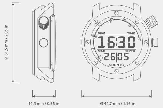 Abmessungen der Suunto Elementum Aqua Black Rubber